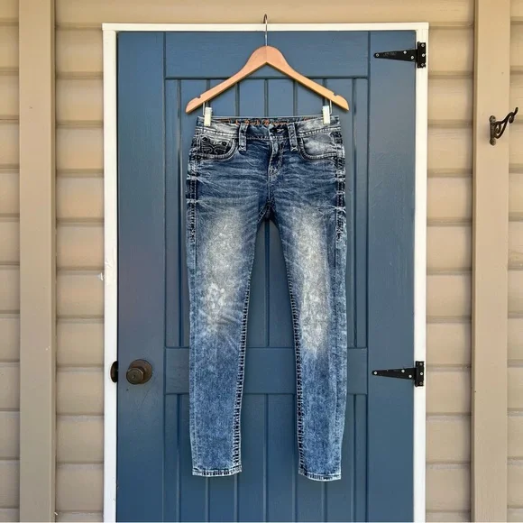 Rock Revival Mid Rise Ankle Skinny Jeans with Embroidered Pockets Women size 26 - Picture 2 of 9